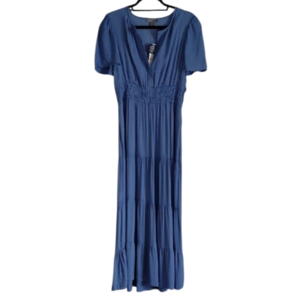 NWT Nordstrom Blue Tiered Modest Cottagecore Prairie Maxi Dress Short Sleeve